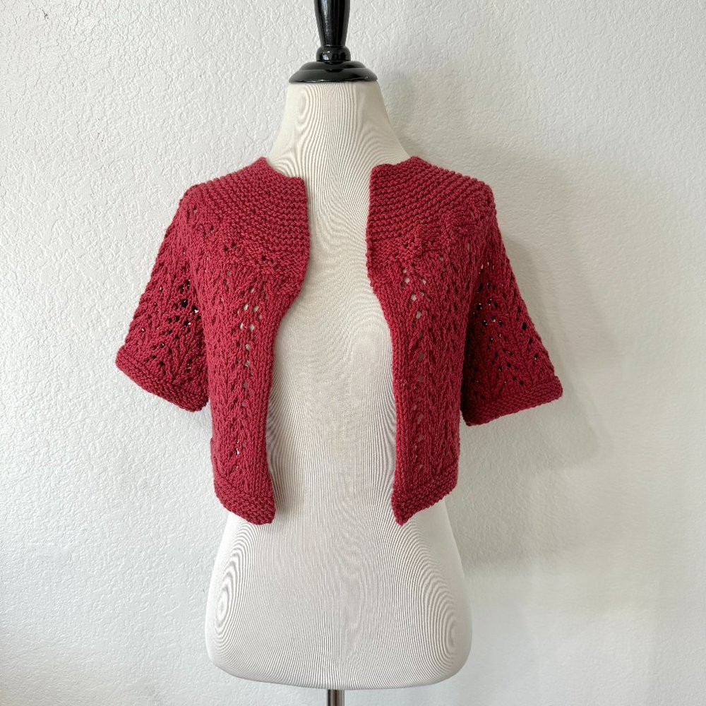 Hand Knit Crochet Bolero Cardigan Muted Burgundy Red Pink